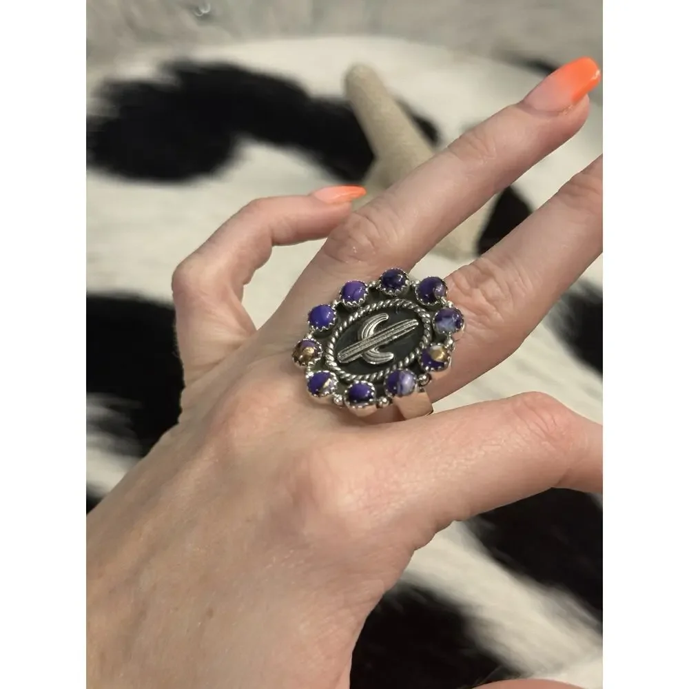 Native American Sterling Silver Purple Mojave Prickly Cactus Story Teller Ring